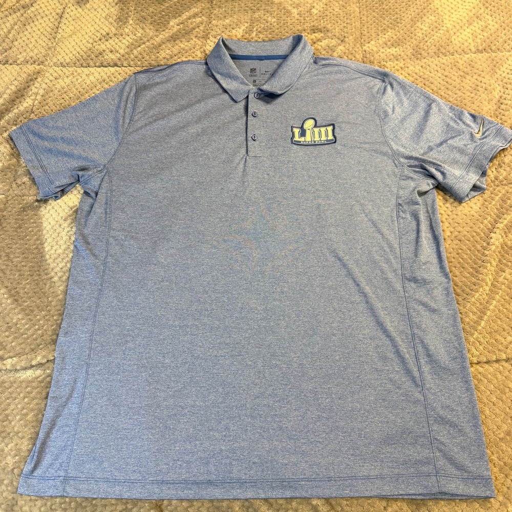 Nike‎ NFL Super Bowl LIII Polo Shirt Mens XXL Blue Dri-FIT Short Sleeve Golf Tee